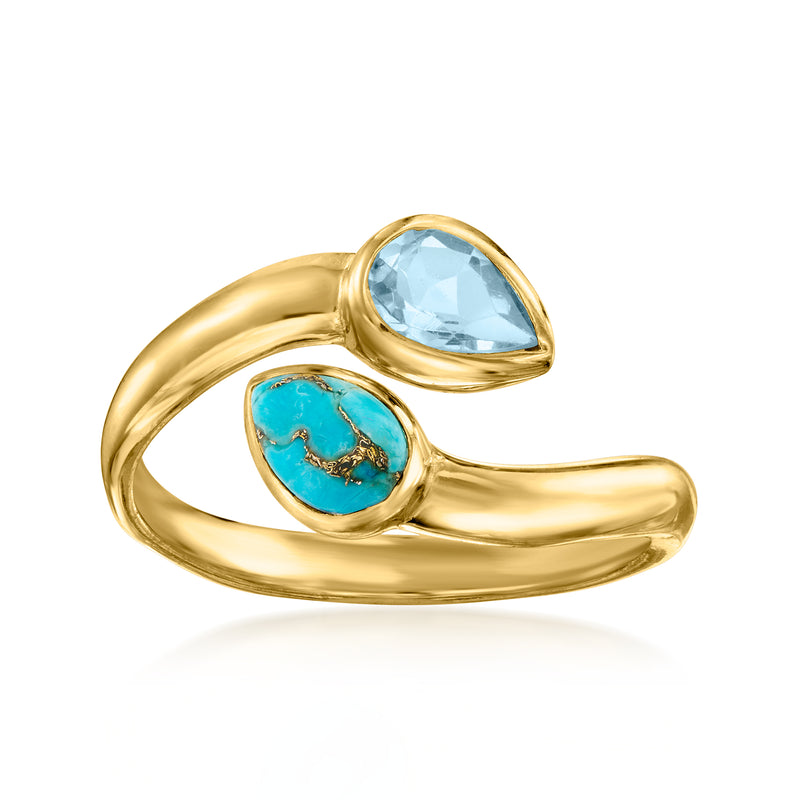 18kt gold over sterling bypass ring with oval sky blue and turquoise gemstones