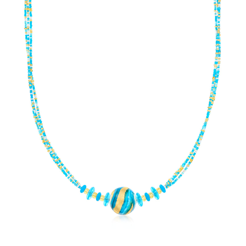 Blue and gold Murano glass bead necklace with a central swirl bead