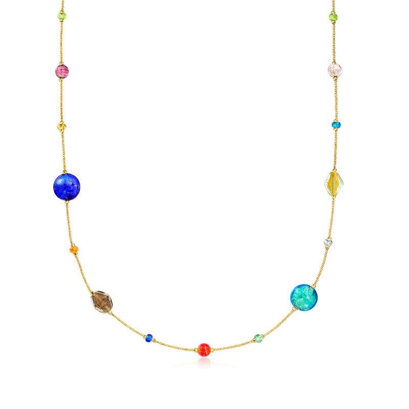 Multicolored Murano glass bead endless necklace with gold-tone chain and round glass beads