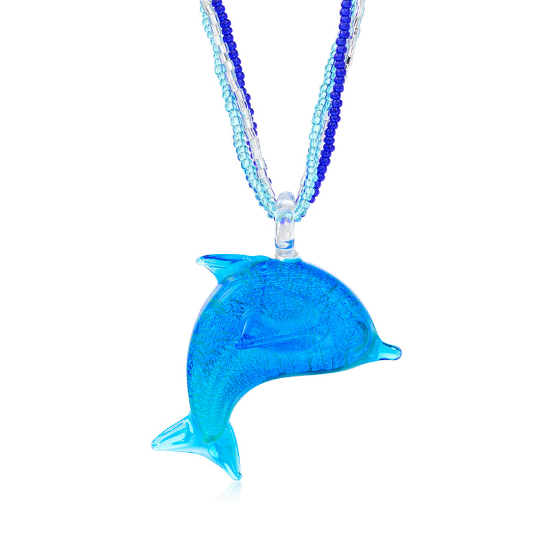Blue dolphin glass pendant necklace with silver bead chain