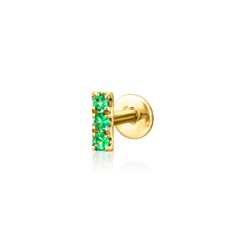 14kt yellow gold emerald bar stud earring with flat-back and green stones