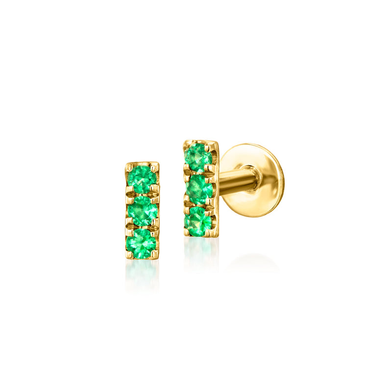 Pair of 14kt yellow gold emerald bar stud earrings with green stone bars