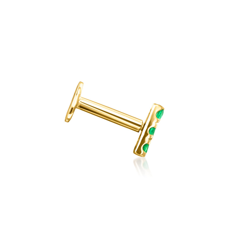 14kt yellow gold emerald bar stud earring post with green stone accent