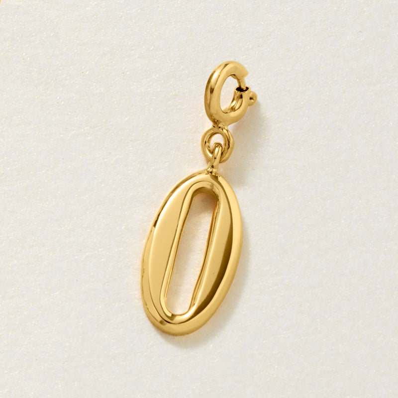 Gold over sterling number 0 charm with small hoop bail, smooth oval cutout