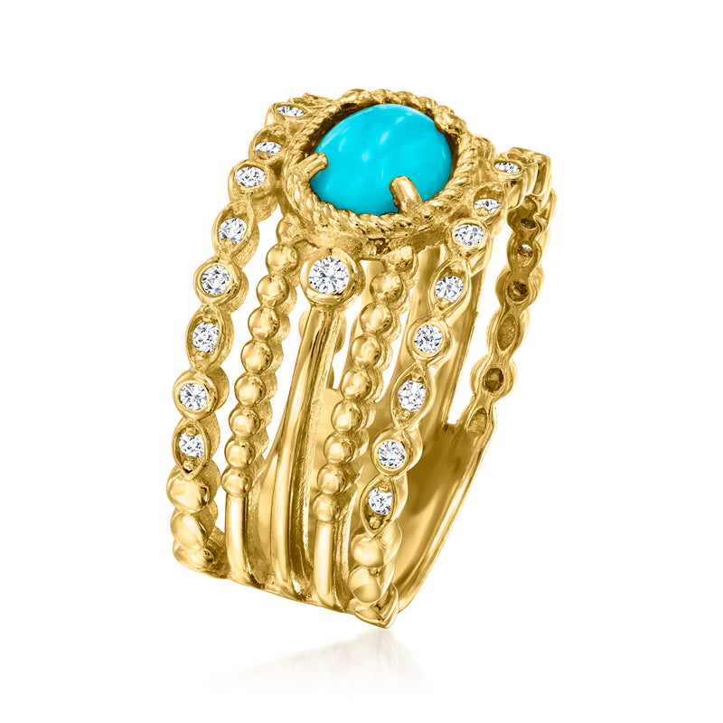 Gold ring side view with turquoise oval cabochon and white round stones bezel