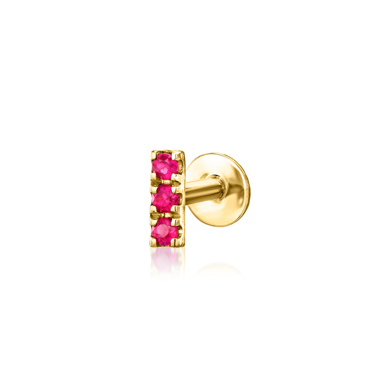 Ruby bar stud earrings in 14kt yellow gold, with stacked pink ruby squares