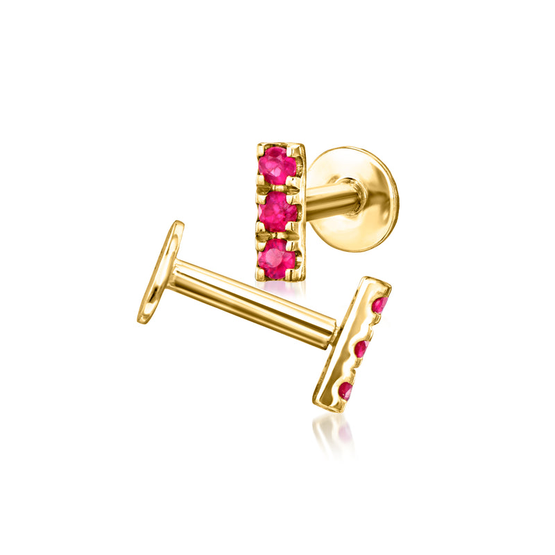 Ruby bar stud earrings, 14kt yellow gold with stacked pink ruby squares and post