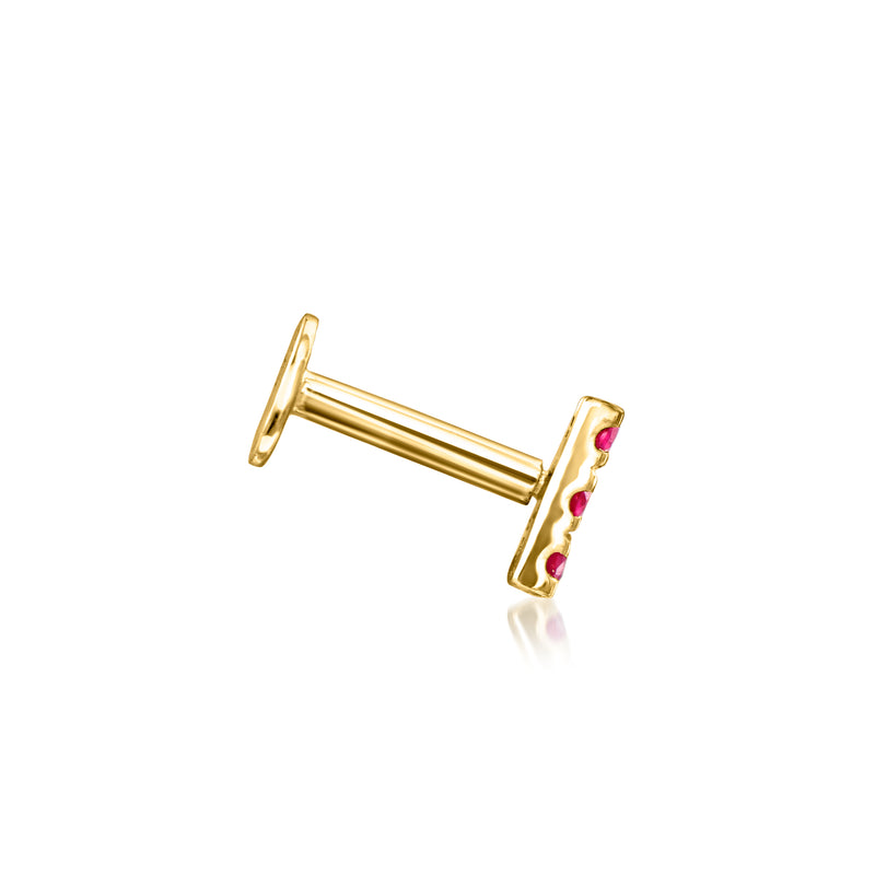 Ruby bar stud earring in 14kt yellow gold, long post with stacked pink ruby squares