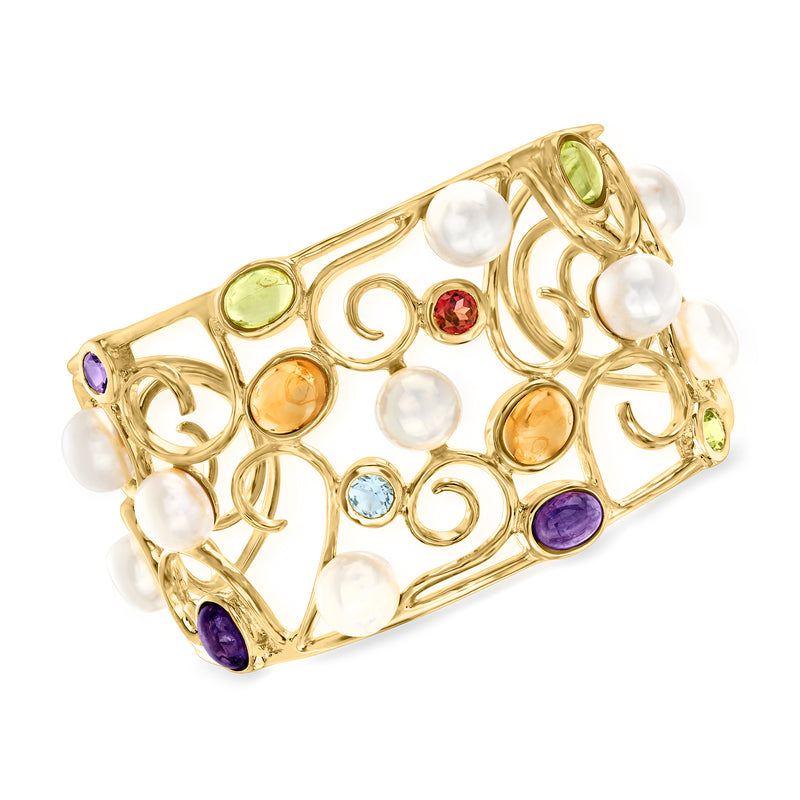 Gold cuff bracelet with swirl setting, cultured pearls and multi-color gemstones