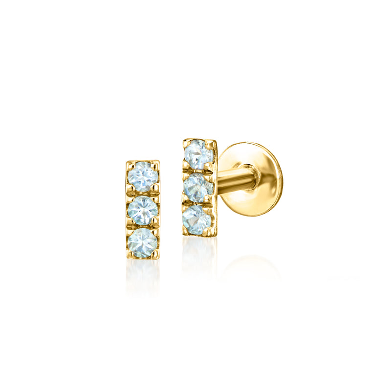 Aquamarine bar stud earrings, 14kt yellow gold with three-stone blue bars, pair view