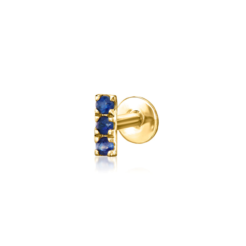14kt yellow gold sapphire bar stud earring with three blue square stones