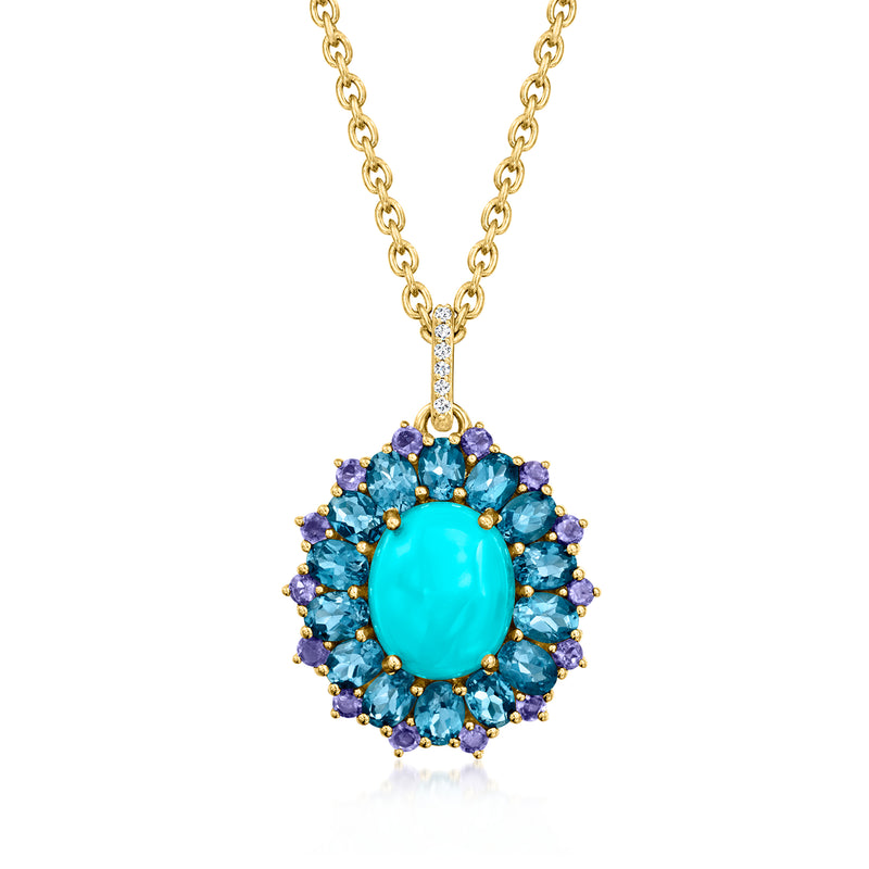 Gold-tone pendant necklace with turquoise oval centerpiece and blue iolite halo, linked chain