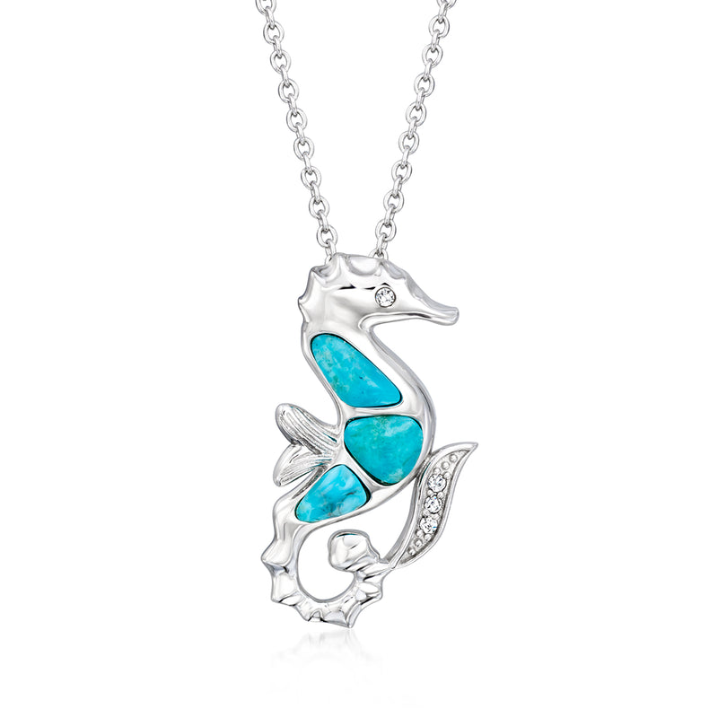 Sterling silver seahorse pendant necklace with turquoise enamel and white zircon details