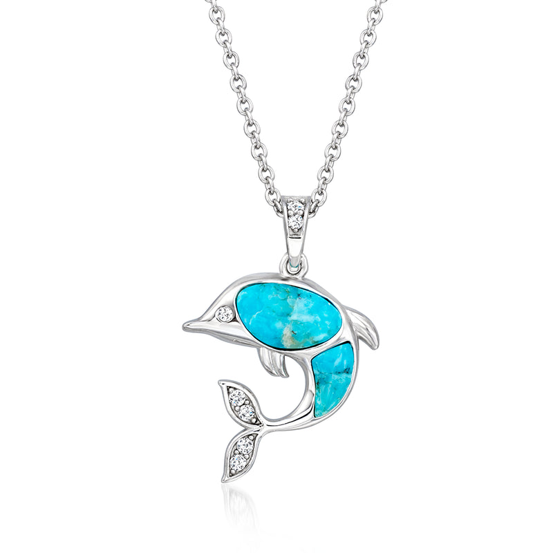 Sterling silver dolphin pendant necklace with turquoise oval and white zircon accents