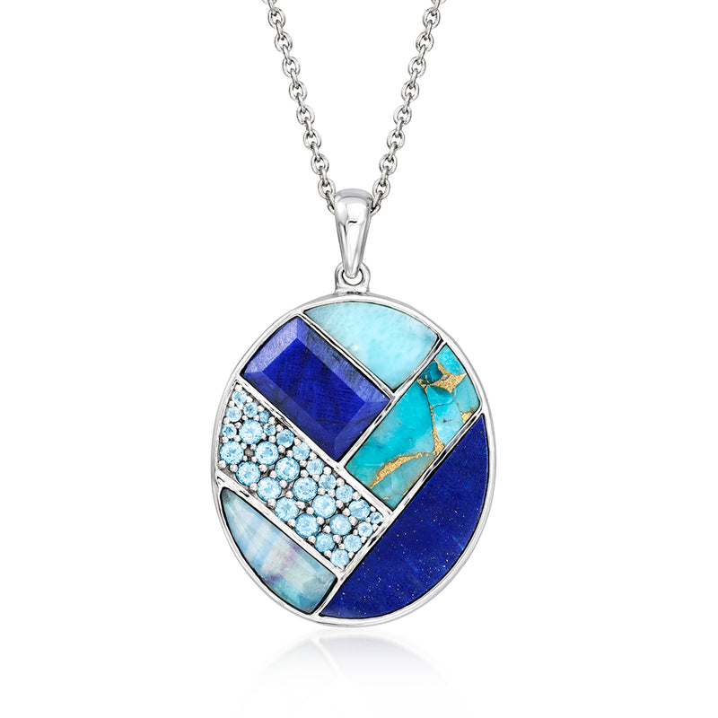 Sterling silver oval pendant necklace with blue gemstone inlay and box-set details