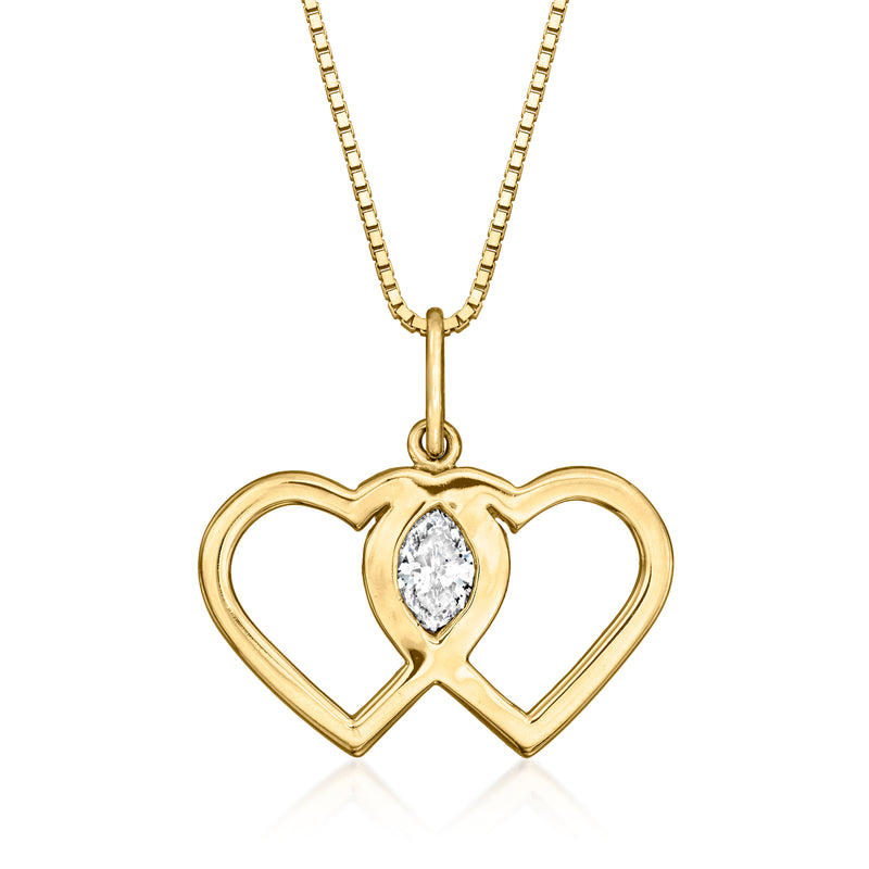 14kt yellow gold two-heart pendant necklace with central diamond