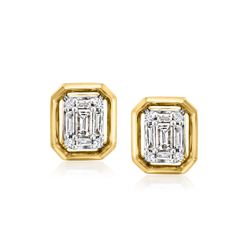 Gold over sterling diamond cluster stud earrings with square-cut stones in octagon settings