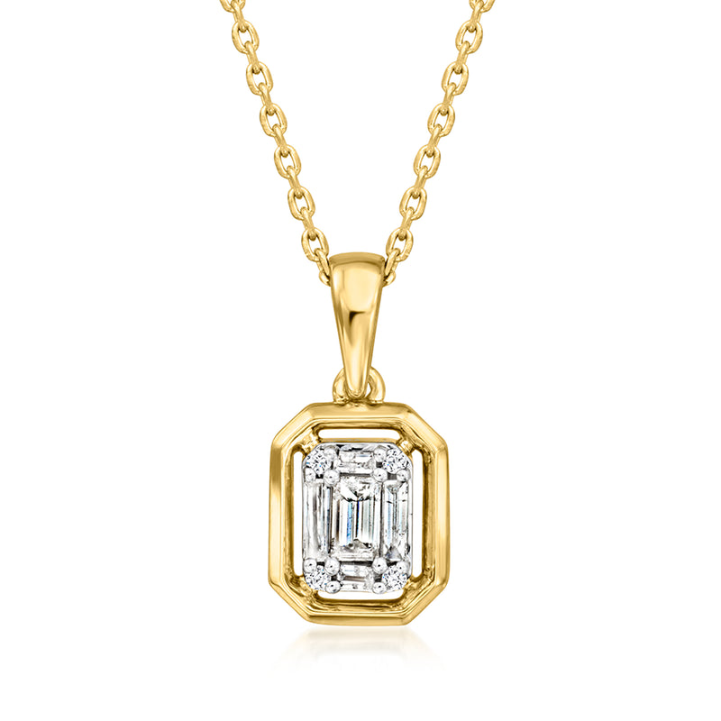 Gold over sterling diamond cluster pendant necklace with baguette and round-cut stones