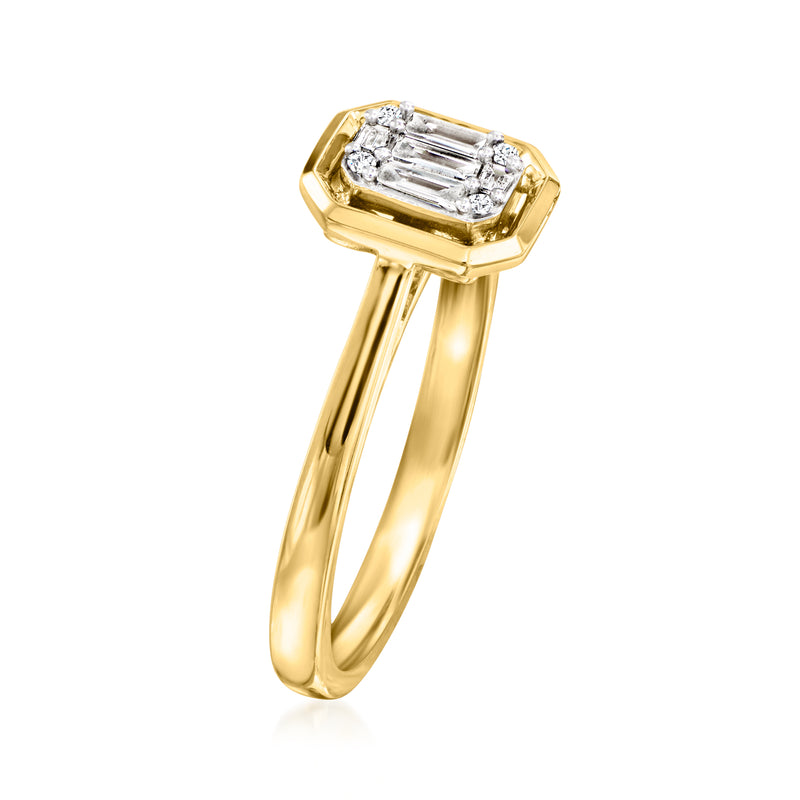 Gold diamond cluster ring with prong-set emerald-cut center stone and side sparkle