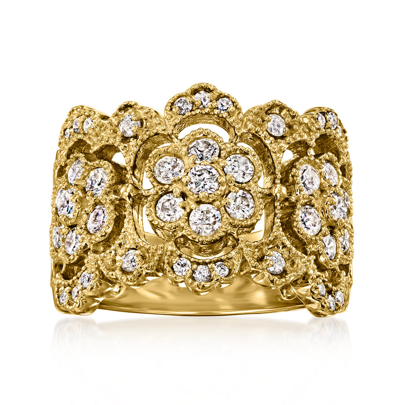 14kt yellow gold flower ring with round diamond-like stones, openwork bezel