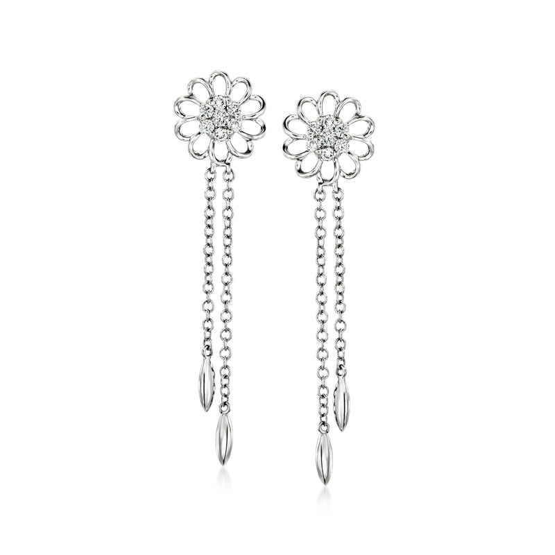 18kt white gold diamond floral drop earrings with dangling chain and teardrop ends