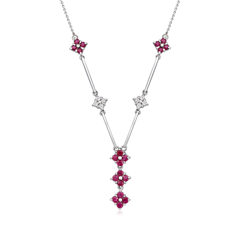 Vintage floral drop necklace in 14kt white gold with ruby and diamond accents
