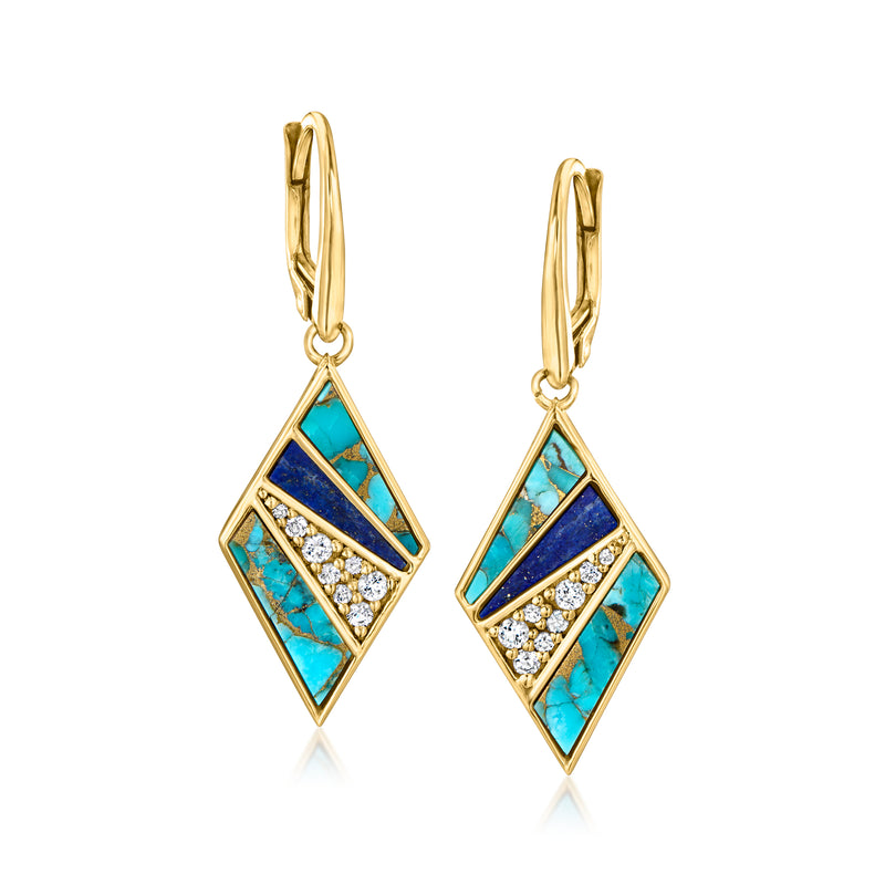 Geometric drop earrings with gold-tone leverback, turquoise and lapis blue insets with crystals