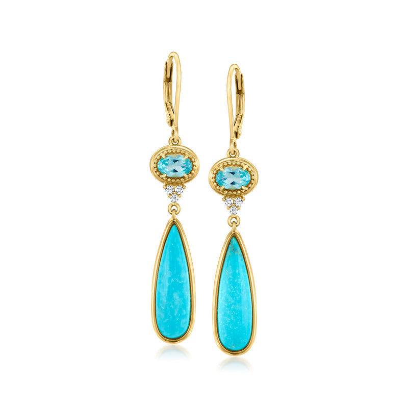 Gold leverback drop earrings with oval blue topaz and tiny white zircons, gold accents
