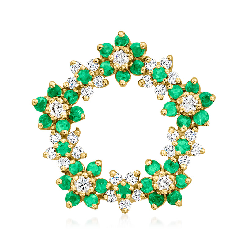 Floral circle pin in yellow gold with green gemstones and small white diamond accents