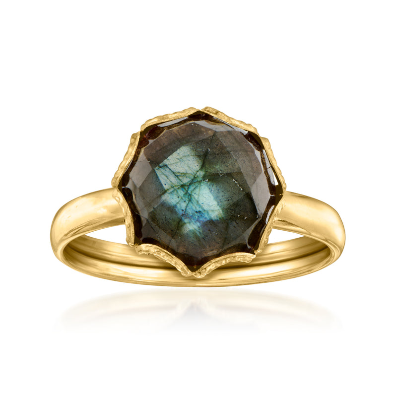 18kt yellow gold vintage labradorite ring with faceted dark stone and openwork bezel