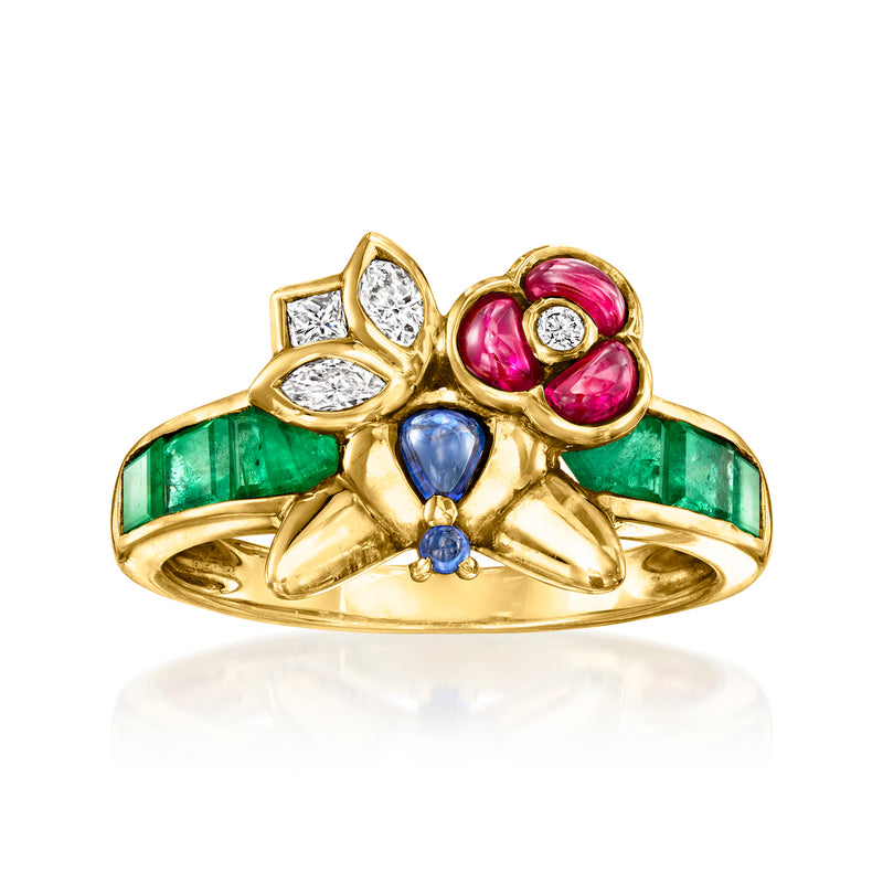 18kt yellow gold flower ring with green, pink, and blue gemstones and white diamond accents