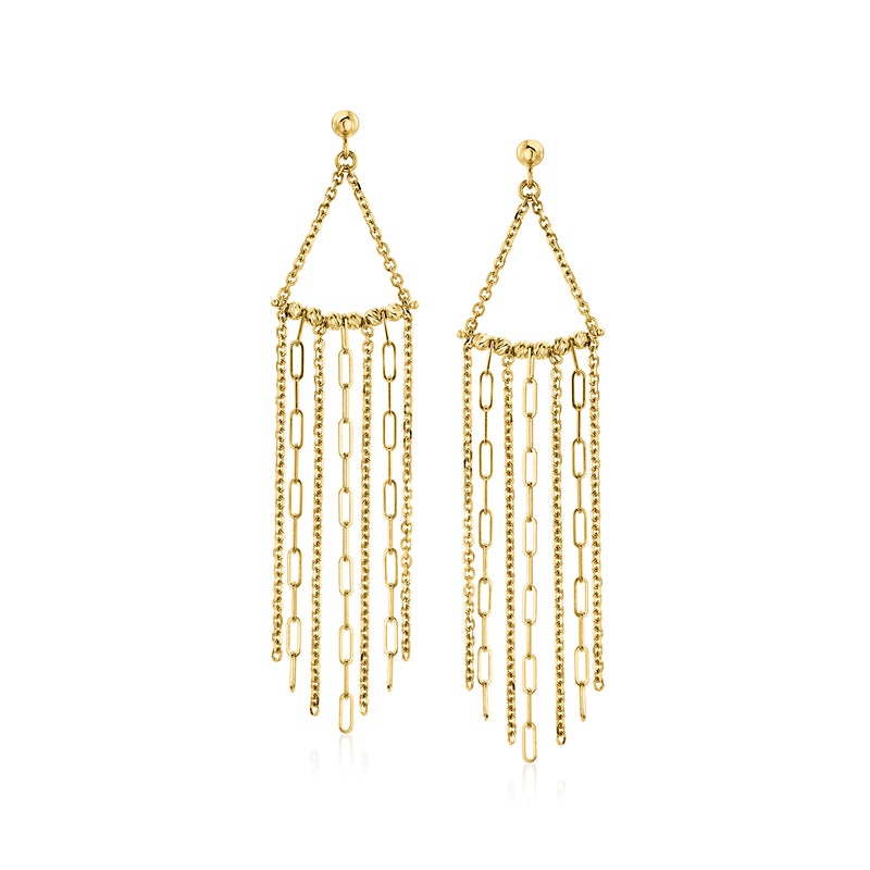 Vintage 14kt yellow gold fringe drop earrings with triangular chain tassels