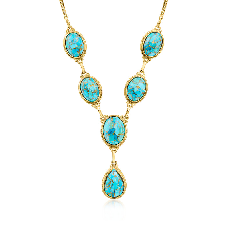 Gold over sterling Y necklace with oval turquoise cabochons and teardrop links