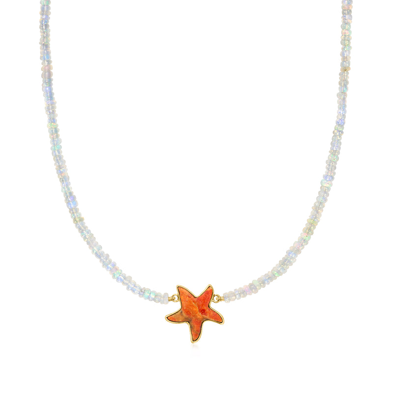 Opal bead necklace with orange coral starfish pendant, gold-tone setting