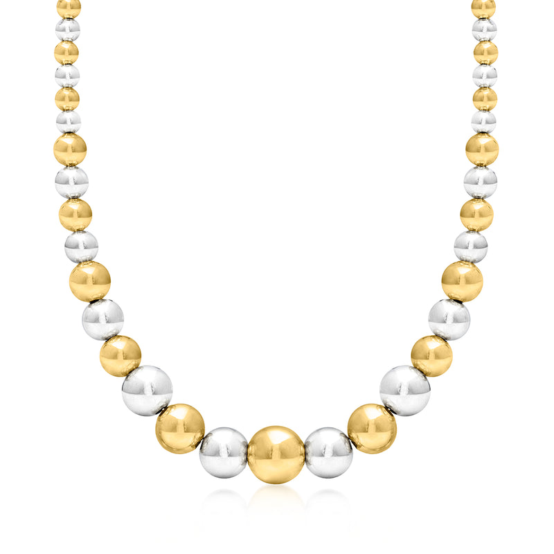Graduated bead necklace with alternating gold-plated and sterling silver round beads