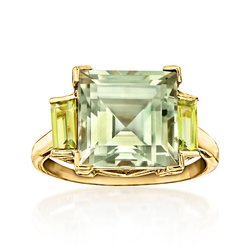 Prasiolite and peridot ring with square pale green center stone in gold tone setting