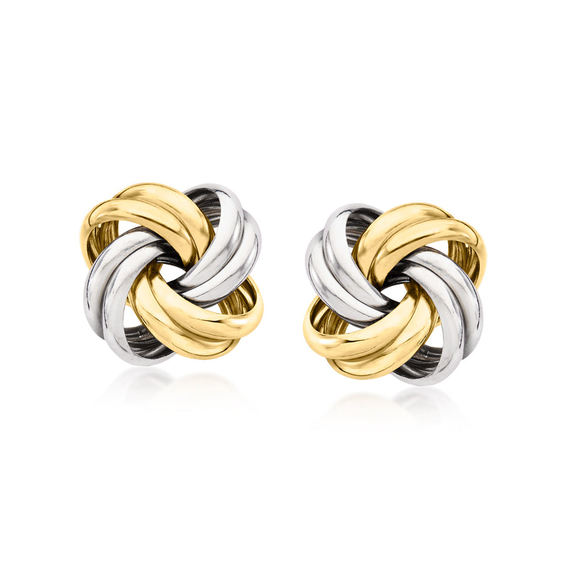 Love knot stud earrings with gold and silver twisted interlocking loops