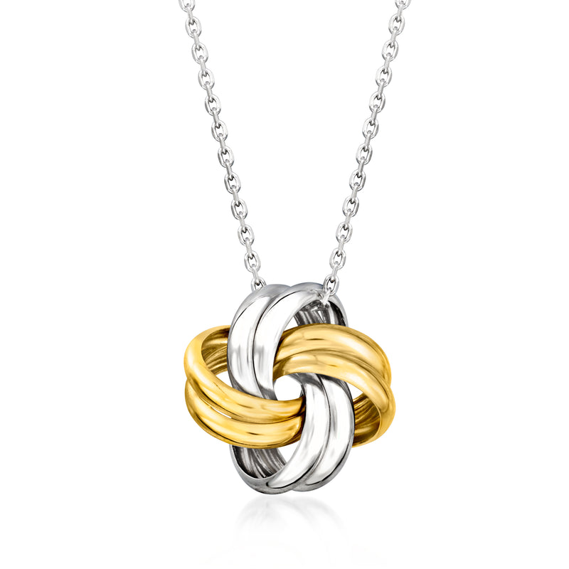 Sterling silver and gold over sterling love knot pendant on chain, polished metal twist