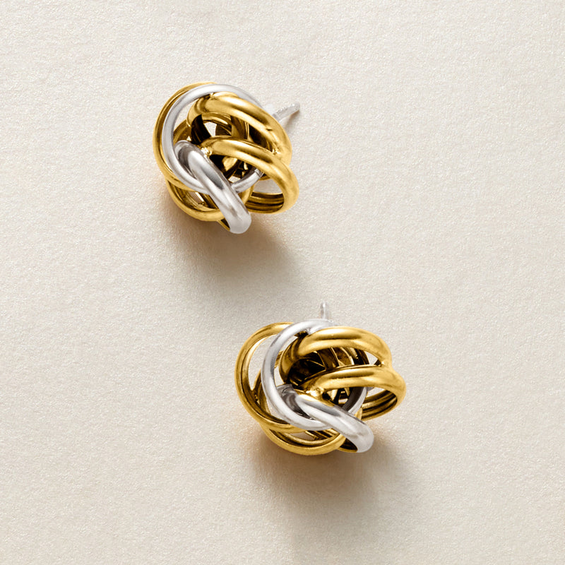 Love knot stud earrings with intertwined gold and silver metal circles