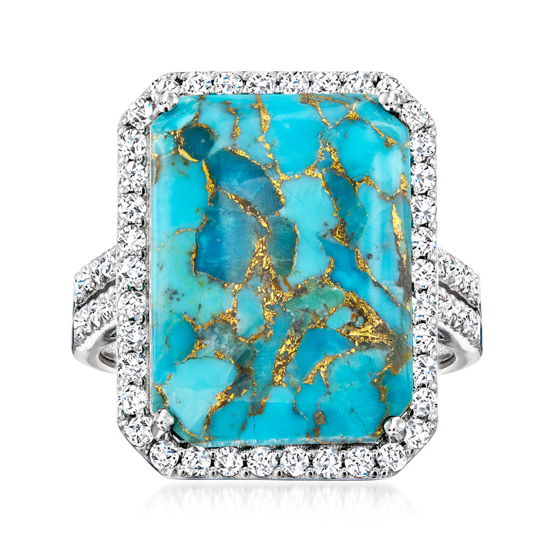 Sterling silver ring with turquoise cushion center and halo of white zircons