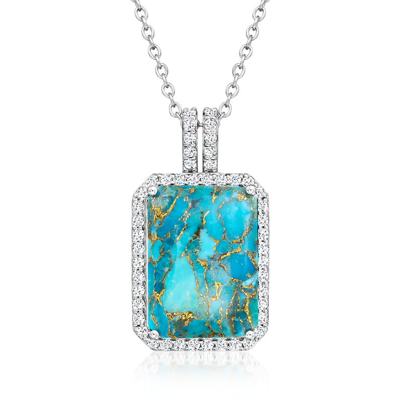Sterling silver pendant necklace with rectangular turquoise pendant and white zircon accents