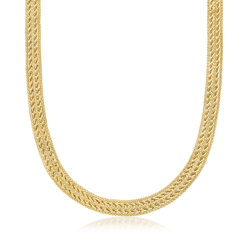 14kt yellow gold alternating rope and popcorn-chain necklace, curved close-up