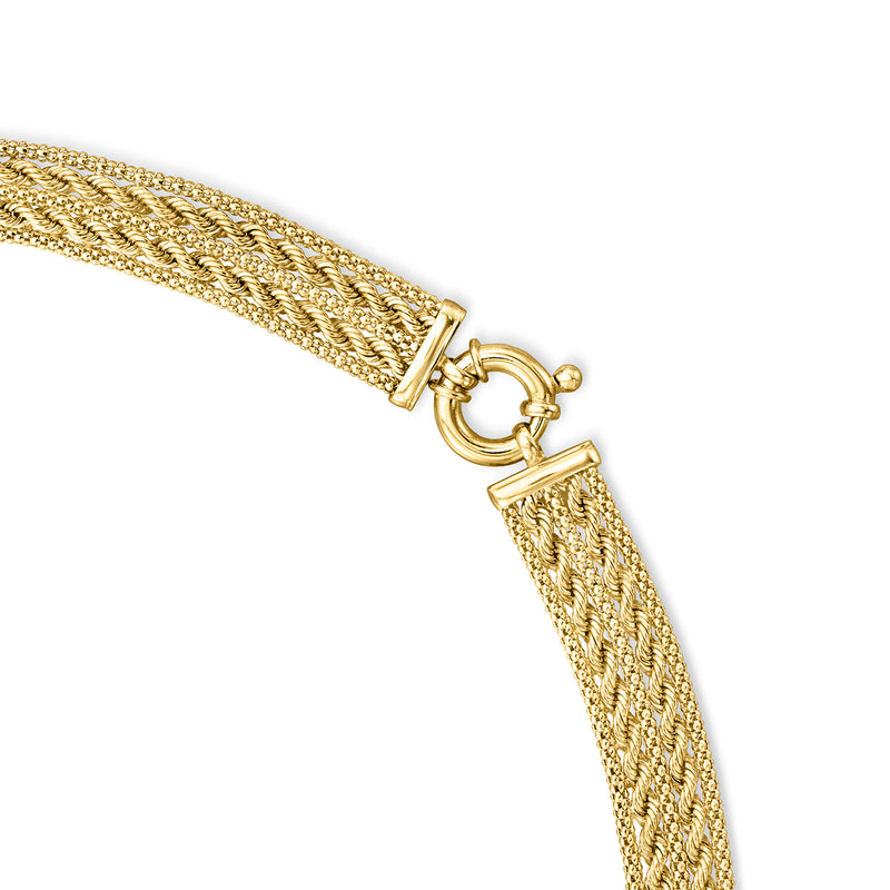 Yellow gold necklace clasp with alternating rope and popcorn chain links