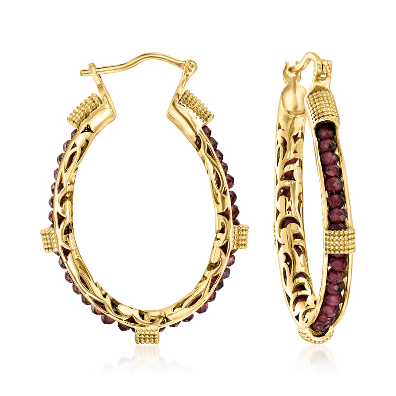Garnet bead hoop earrings in gold over sterling, hinged oval with textured bead trim