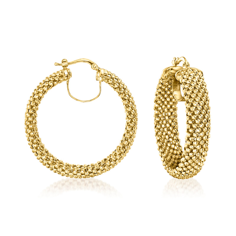 Gold popcorn-textured hoop earrings, hinged clasp, pair