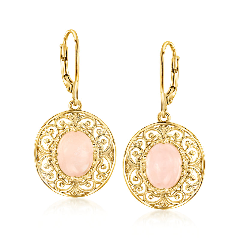 Gold leverback drop earrings with oval pink morganite-style gemstone and scroll filigree