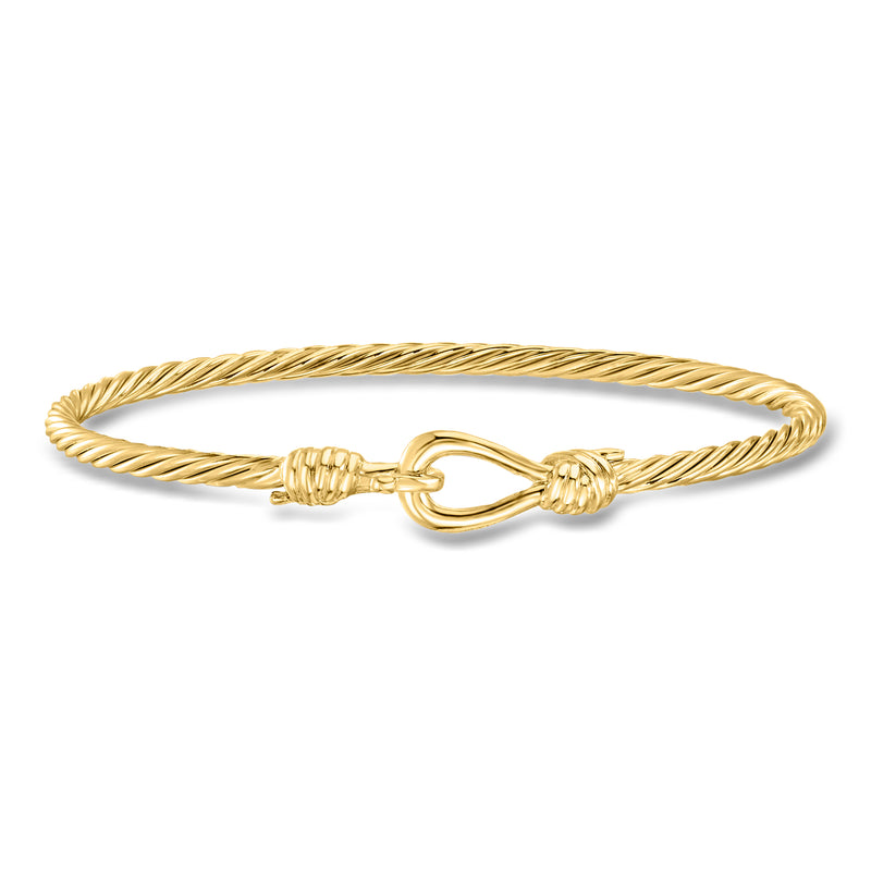 Gold over sterling knotted hook clasp bangle bracelet, twisted rope design
