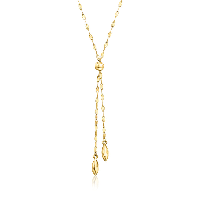 10kt yellow gold lariat necklace with long oval drop charms on a chain