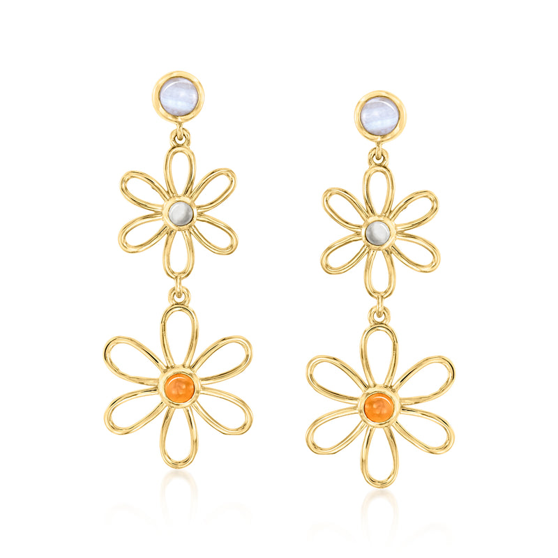 Gold drop earrings with blue and orange flower charms with outlined petal details