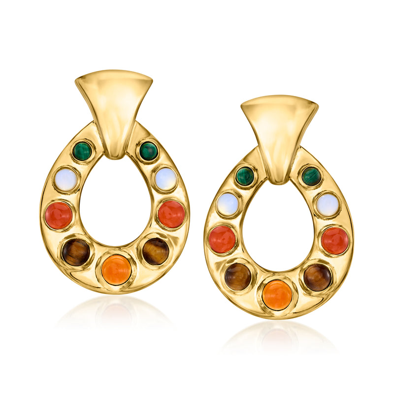 Gold teardrop drop earrings with multicolor gemstone inlay and open hoop design